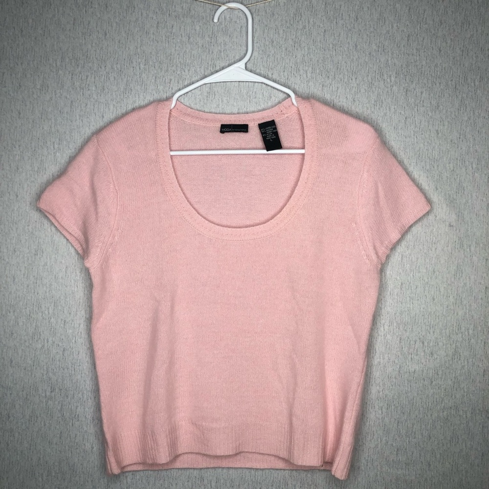 Moda International Women’s L Short Sleeve Knit Sweater Wool Angora Chic Feminine